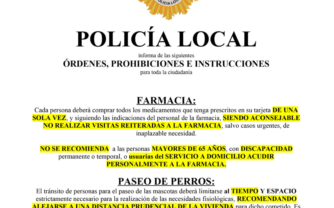 INSTRUCCIONES POLICIA LOCAL SALIDAS DEL HOGAR