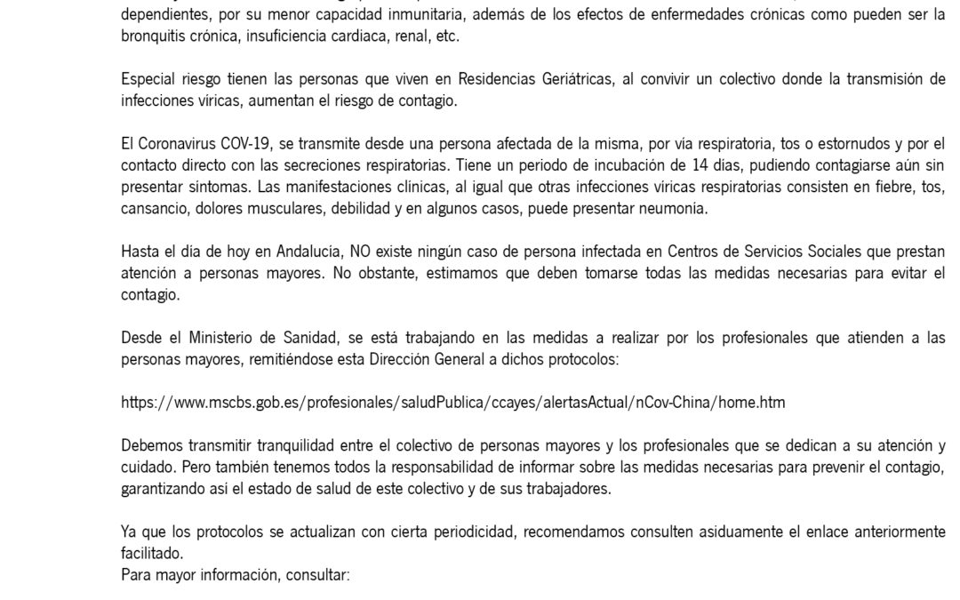 Comunicado direccion general de personas mayores Junta de Andalucía